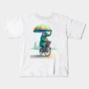 An elephant on a bicycle, holding an umbrella. Kids T-Shirt